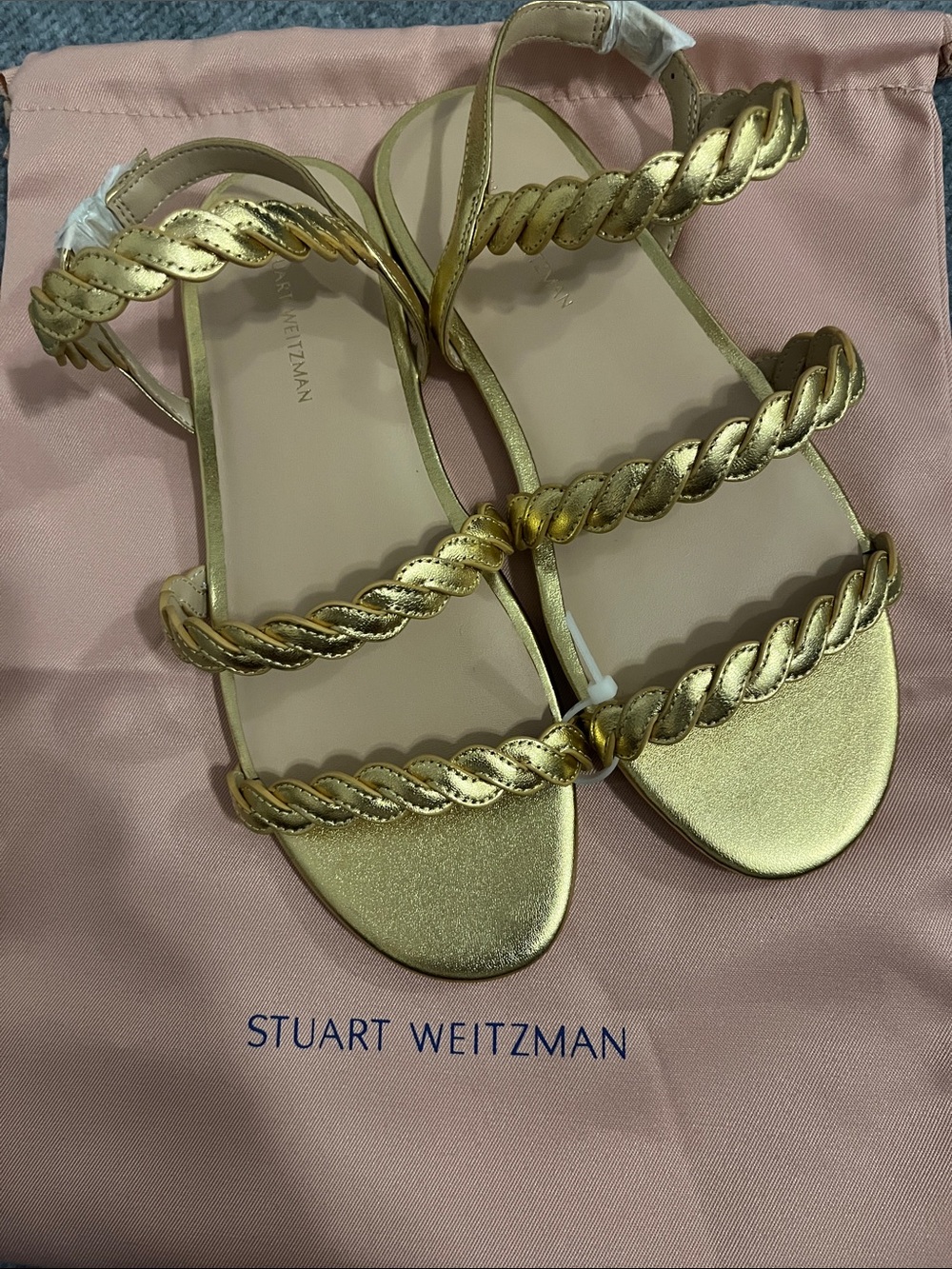 Stuart Weitzman Metallic Gold Braided Strap Flat Sandals with dust bag. NO BOX